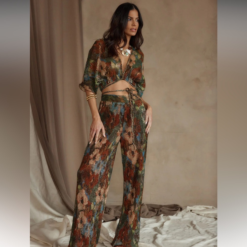 12th Tribe Kaia Metallic Floral Wrap Top and Wide Leg Pants Set small NWT
